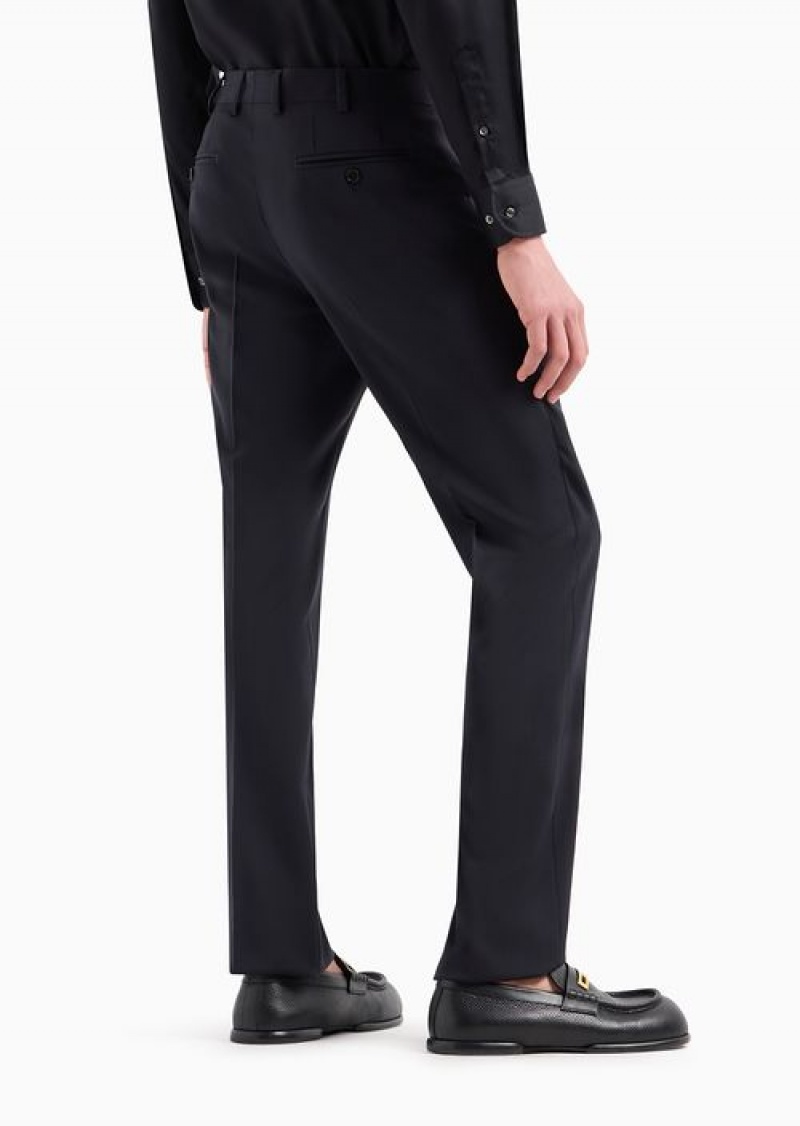 Navy Blue Emporio Armani Trousers With Off-centre Waistband In Natural Stretch Tropical Light Wool | EA-SN58377