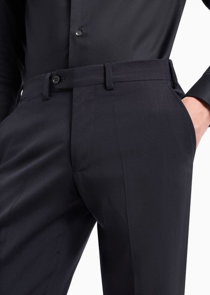 Navy Blue Emporio Armani Trousers With Off-centre Waistband In Natural Stretch Tropical Light Wool | EA-SN58377