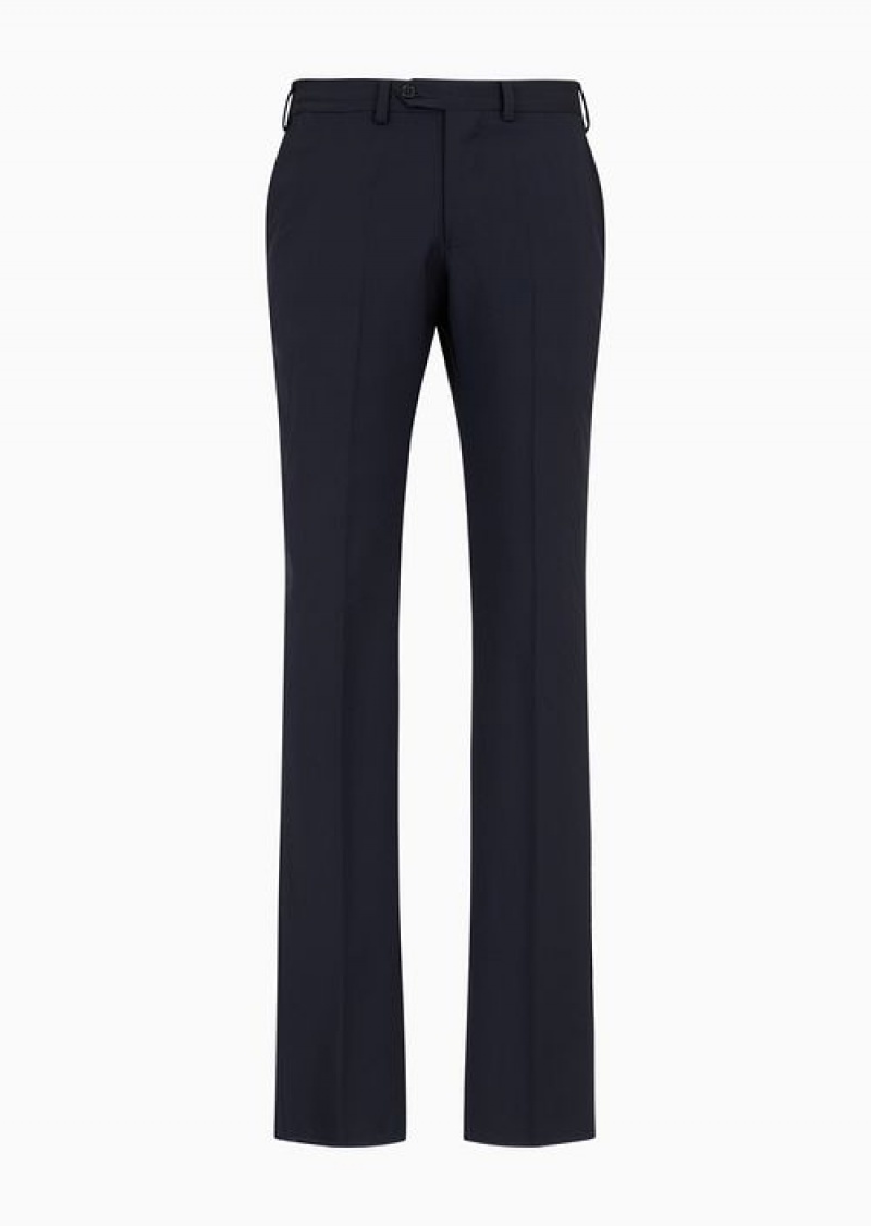 Navy Blue Emporio Armani Trousers With Off-centre Waistband In Natural Stretch Tropical Light Wool | EA-SN58377