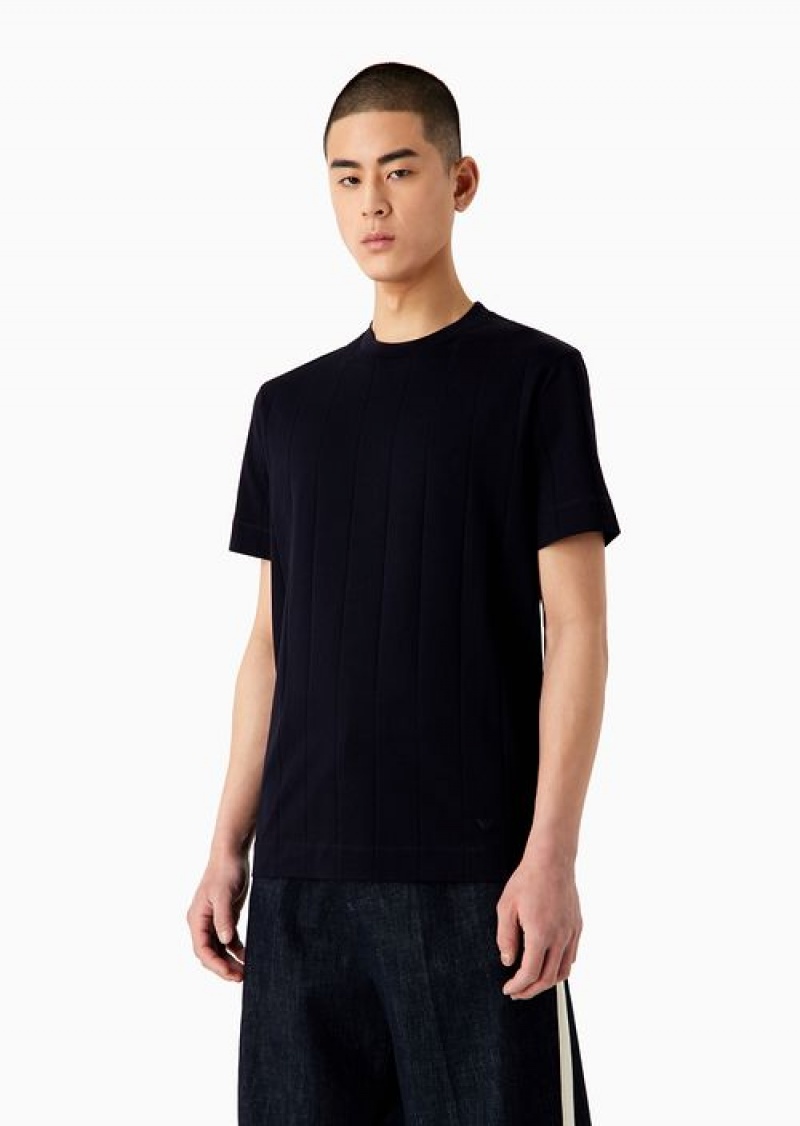 Navy Blue Emporio Armani T-shirt In Ribbed Jersey Jacquard | EA-SN58618