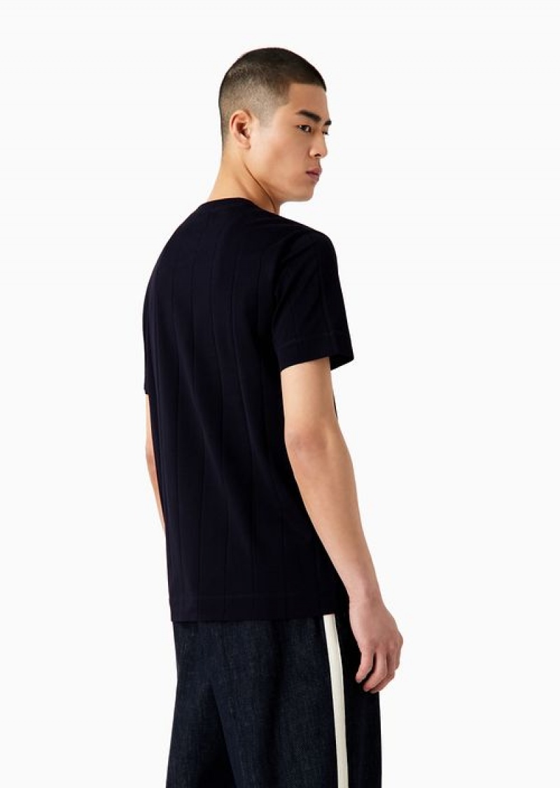 Navy Blue Emporio Armani T-shirt In Ribbed Jersey Jacquard | EA-SN58618