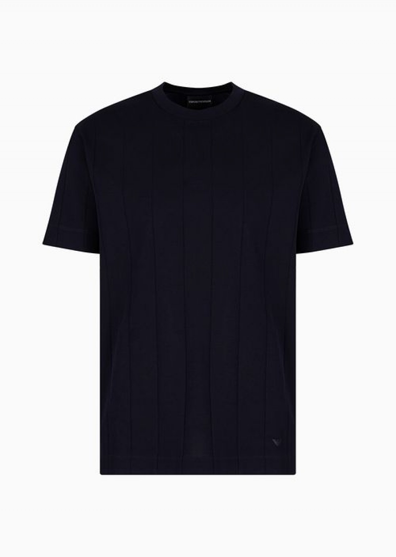 Navy Blue Emporio Armani T-shirt In Ribbed Jersey Jacquard | EA-SN58618