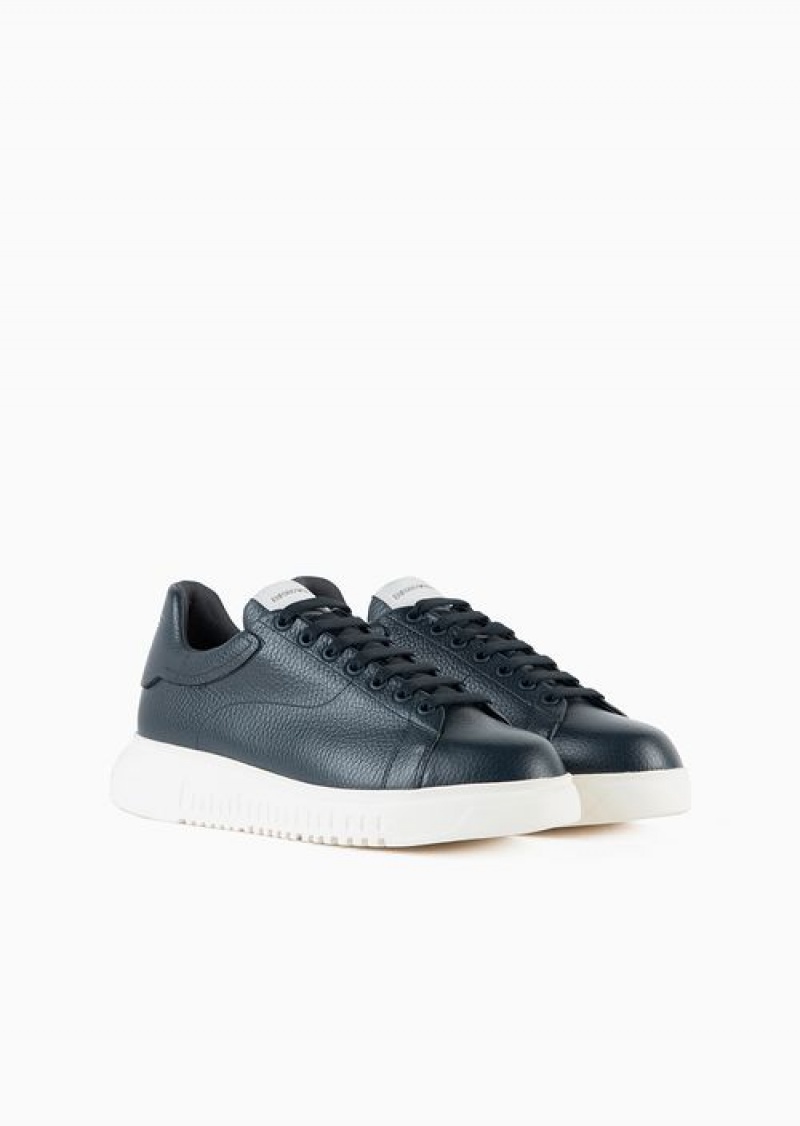 Navy Blue Emporio Armani Tumbled Leather Sneakers | EA-SN58961