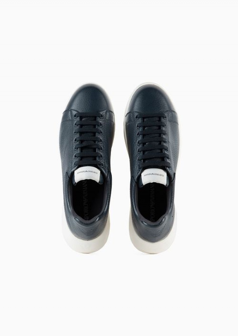 Navy Blue Emporio Armani Tumbled Leather Sneakers | EA-SN58961