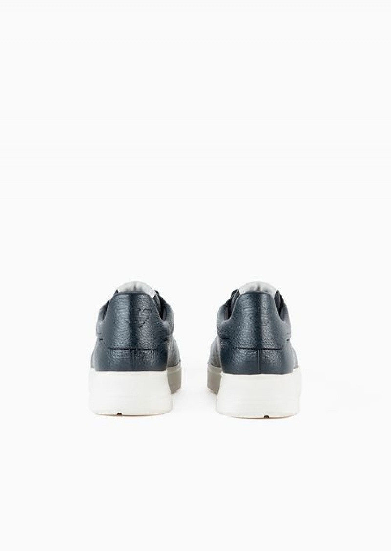 Navy Blue Emporio Armani Tumbled Leather Sneakers | EA-SN58961