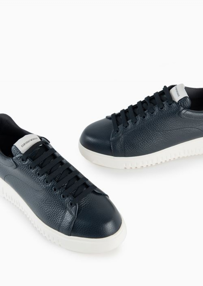 Navy Blue Emporio Armani Tumbled Leather Sneakers | EA-SN58961