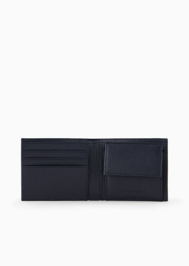 Navy Blue Emporio Armani Tumbled Leather Wallet With Coin Pocket | EA-SN59288