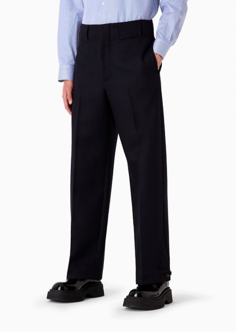 Navy Blue Emporio Armani Virgin Wool Cavalry Twill Trousers With Adjustable Hem | EA-SN58310