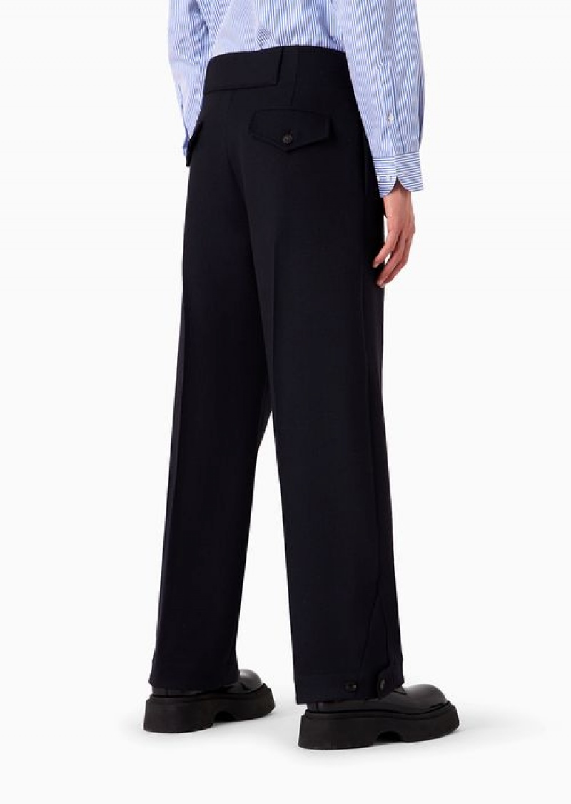 Navy Blue Emporio Armani Virgin Wool Cavalry Twill Trousers With Adjustable Hem | EA-SN58310