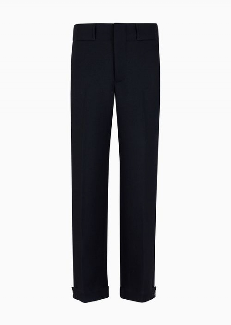 Navy Blue Emporio Armani Virgin Wool Cavalry Twill Trousers With Adjustable Hem | EA-SN58310