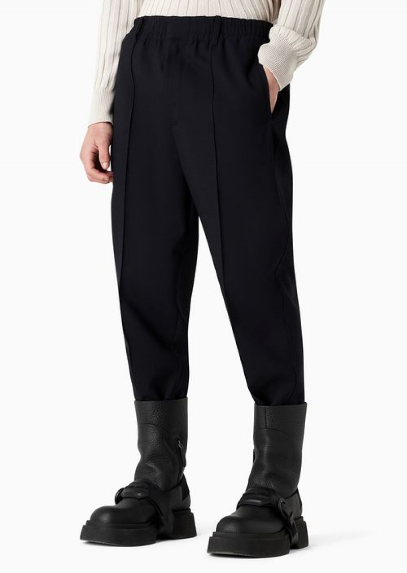 Navy Blue Emporio Armani Virgin Wool-blend Trousers With An Elasticated Hem And Front Ribs | EA-SN58287