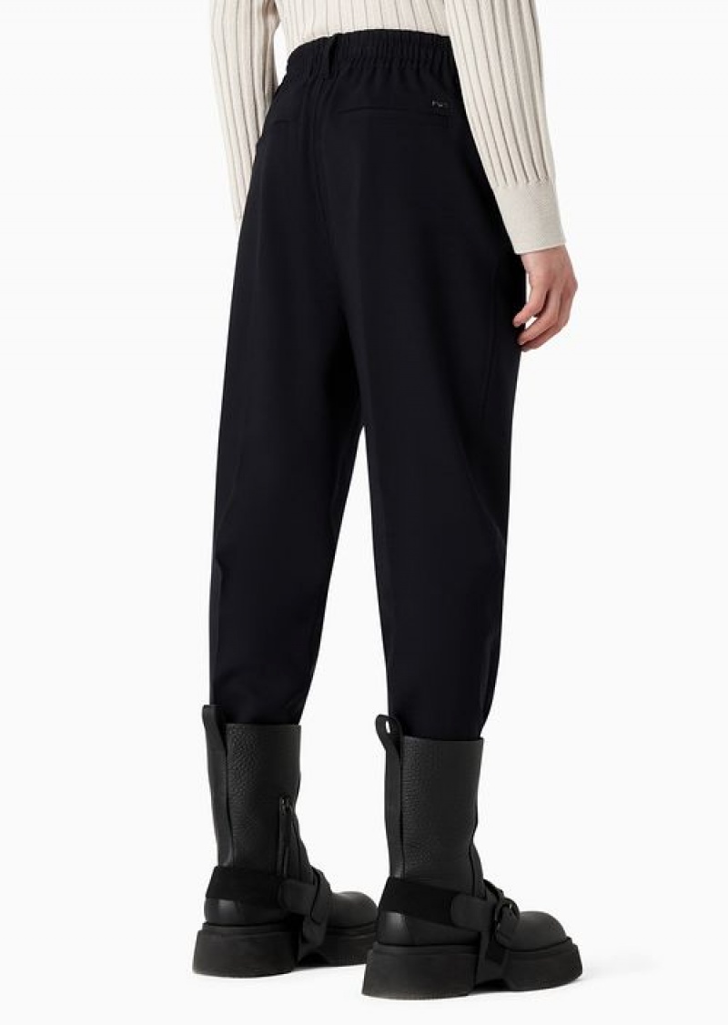 Navy Blue Emporio Armani Virgin Wool-blend Trousers With An Elasticated Hem And Front Ribs | EA-SN58287