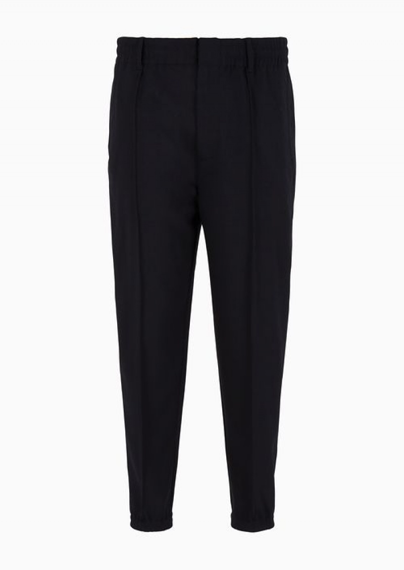 Navy Blue Emporio Armani Virgin Wool-blend Trousers With An Elasticated Hem And Front Ribs | EA-SN58287