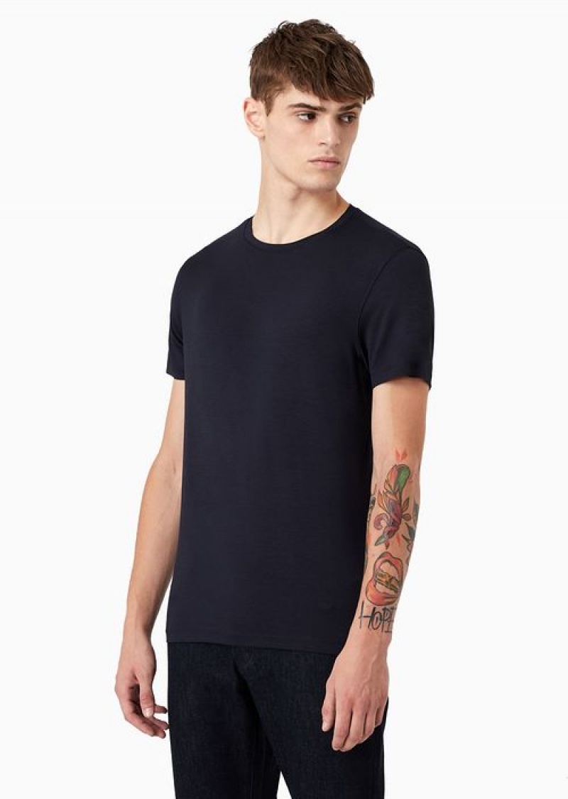 Navy Blue Emporio Armani Viscose Jersey T-shirt | EA-SN58612