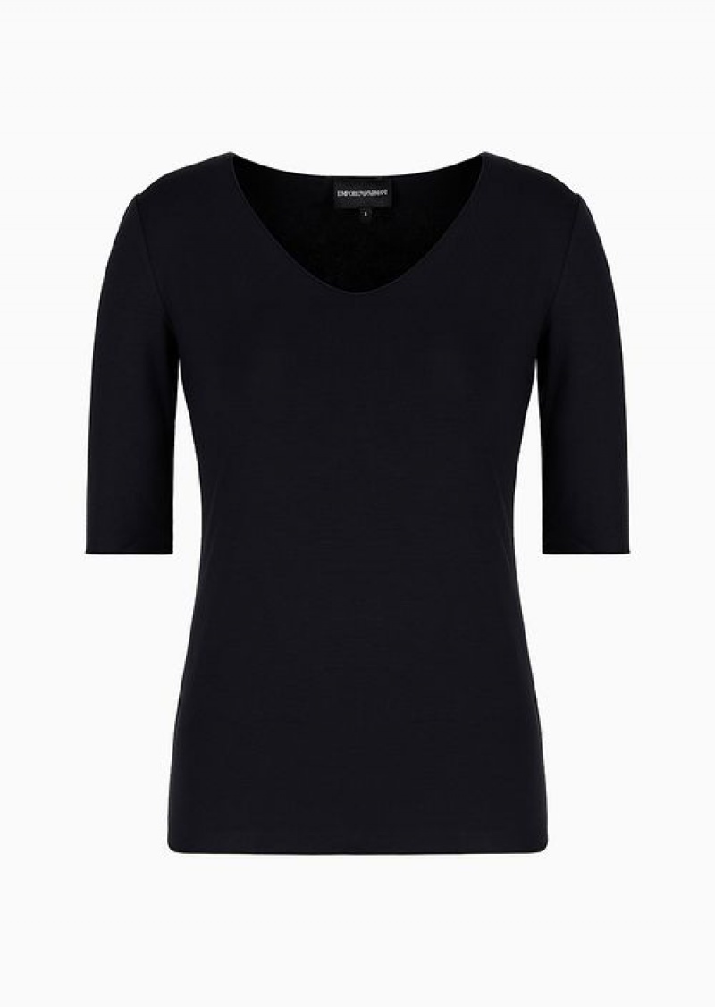 Navy Blue Emporio Armani Viscose Stretch Jersey V-neck Jumper With Three-quarter Length Sleeves | EA-SN57040