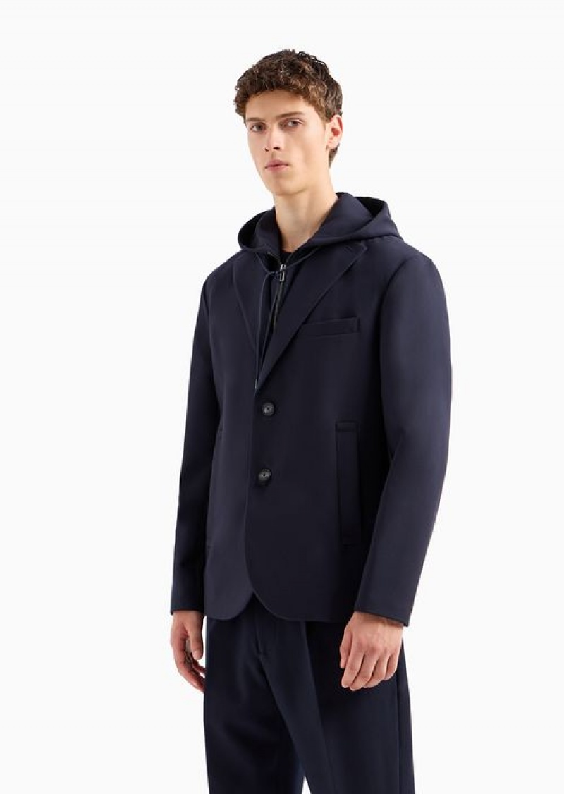 Navy Blue Emporio Armani Viscose-blend Blazer With Detachable Inner Panel And Hood | EA-SN57803