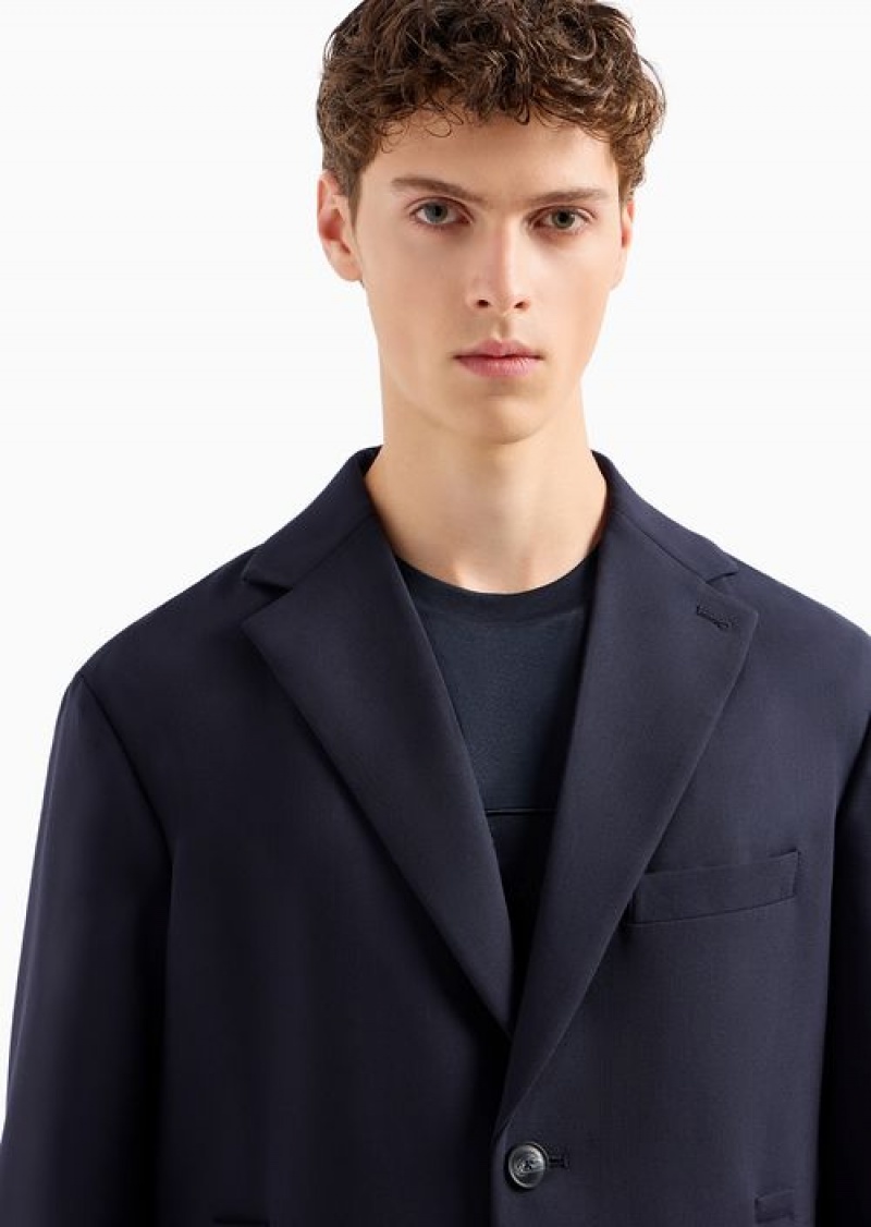 Navy Blue Emporio Armani Viscose-blend Blazer With Detachable Inner Panel And Hood | EA-SN57803