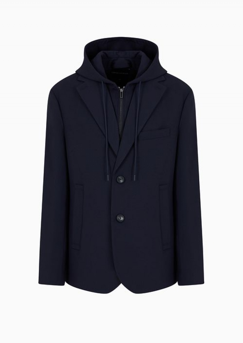 Navy Blue Emporio Armani Viscose-blend Blazer With Detachable Inner Panel And Hood | EA-SN57803