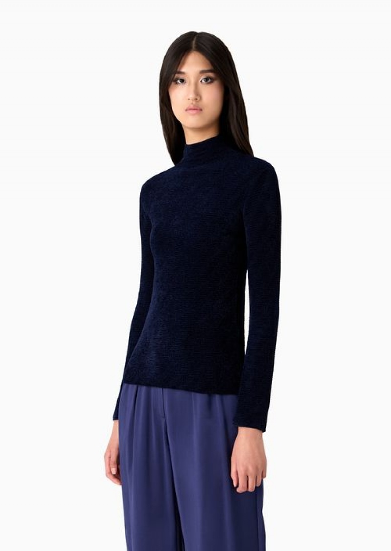 Navy Blue Emporio Armani Viscose-blend Mock-neck Jumper With A Chevron-links Pattern In A Plain Knit | EA-SN56663