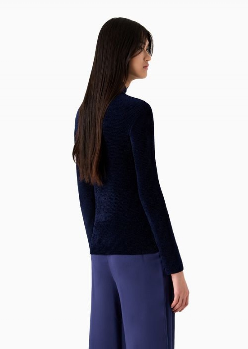 Navy Blue Emporio Armani Viscose-blend Mock-neck Jumper With A Chevron-links Pattern In A Plain Knit | EA-SN56663