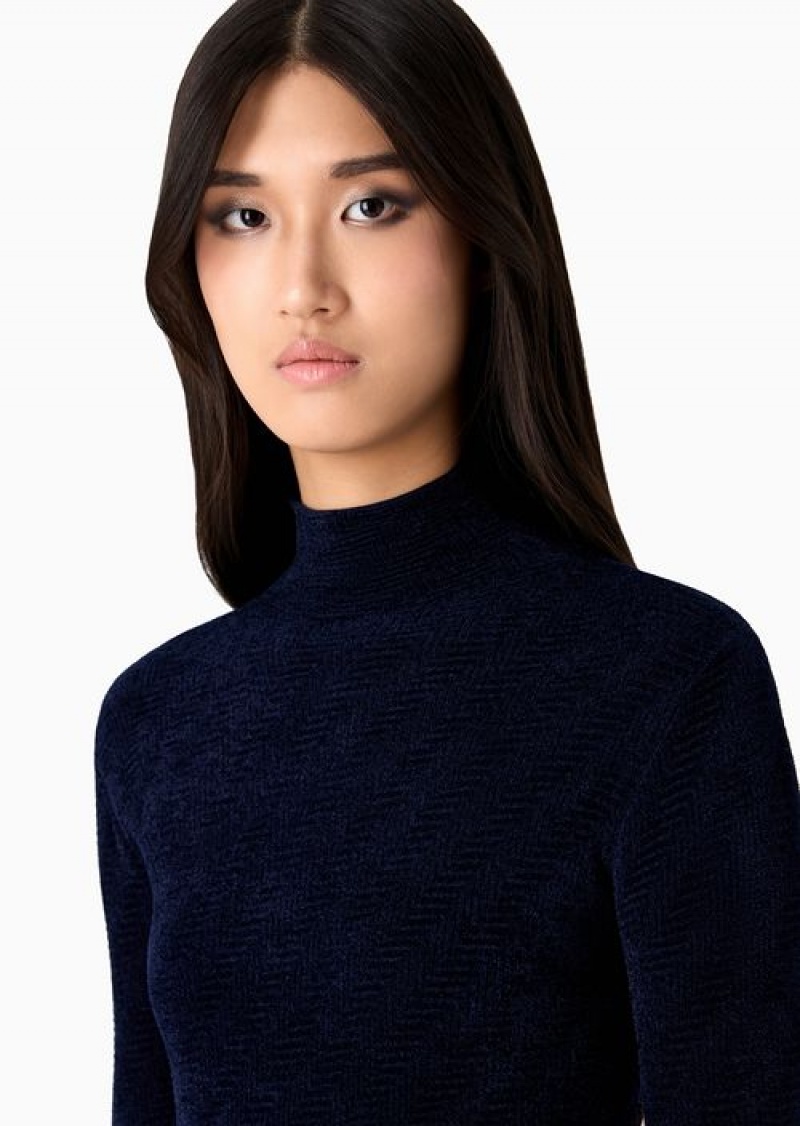 Navy Blue Emporio Armani Viscose-blend Mock-neck Jumper With A Chevron-links Pattern In A Plain Knit | EA-SN56663