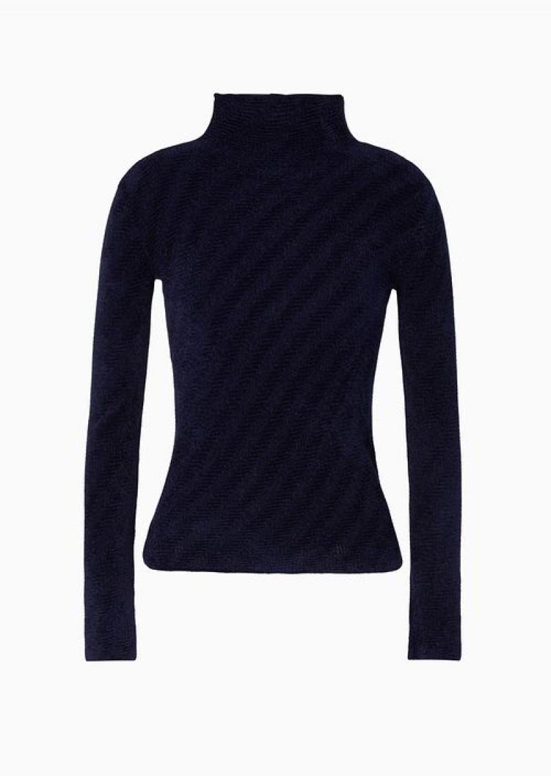 Navy Blue Emporio Armani Viscose-blend Mock-neck Jumper With A Chevron-links Pattern In A Plain Knit | EA-SN56663