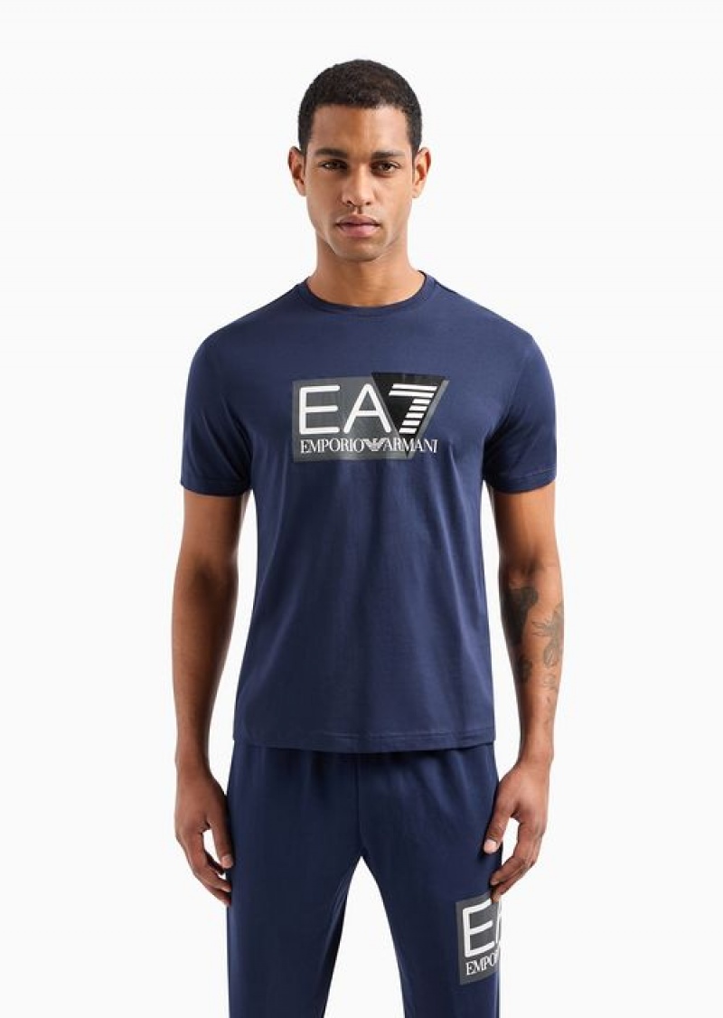 Navy Blue Emporio Armani Visibility Stretch-cotton Jersey, Short-sleeved T-shirt | EA7-SN59951