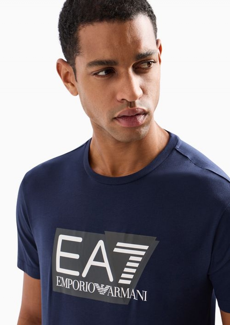 Navy Blue Emporio Armani Visibility Stretch-cotton Jersey, Short-sleeved T-shirt | EA7-SN59951