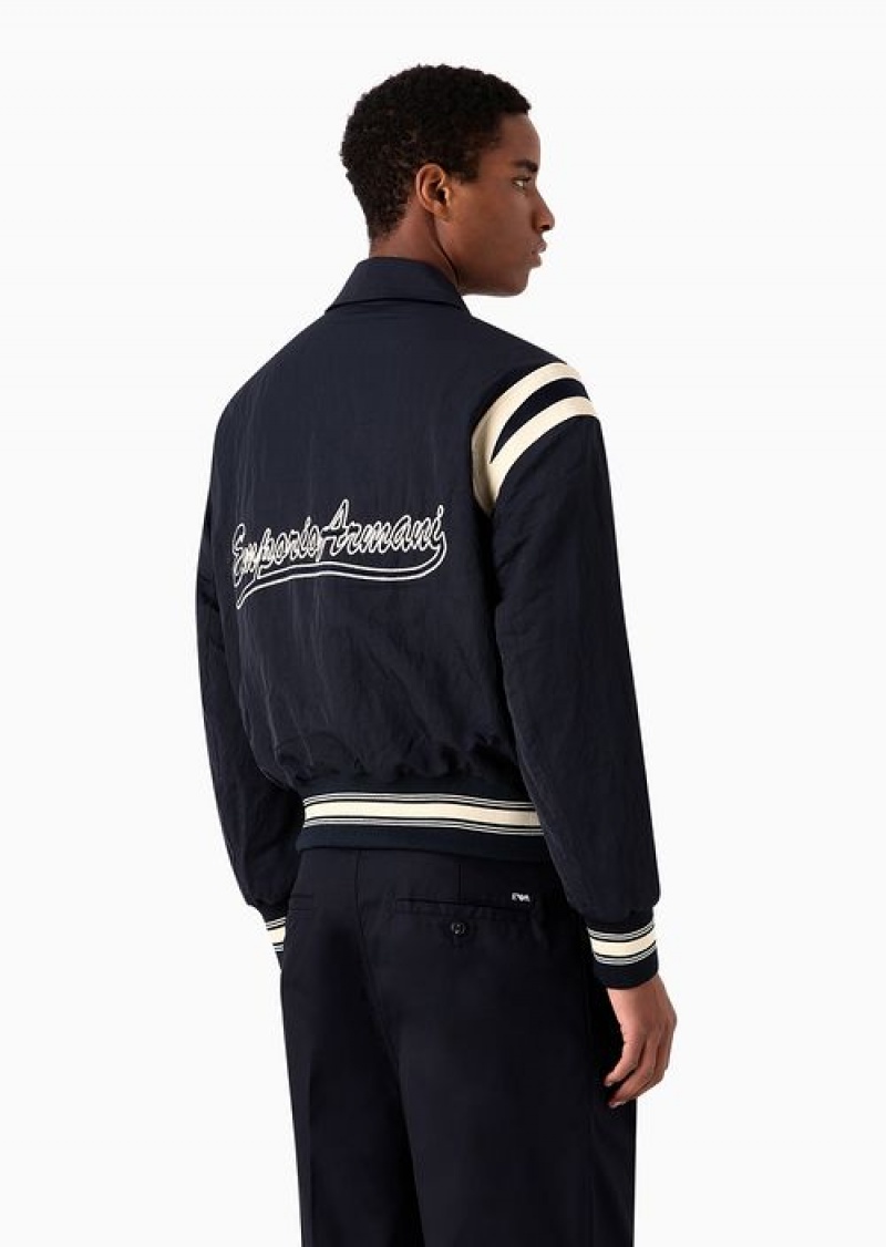 Navy Blue Emporio Armani Water-repellent Crinkle-nylon Bomber Jacket With Leather Details And Preppy-font Logo Embroidery | EA-SN58174