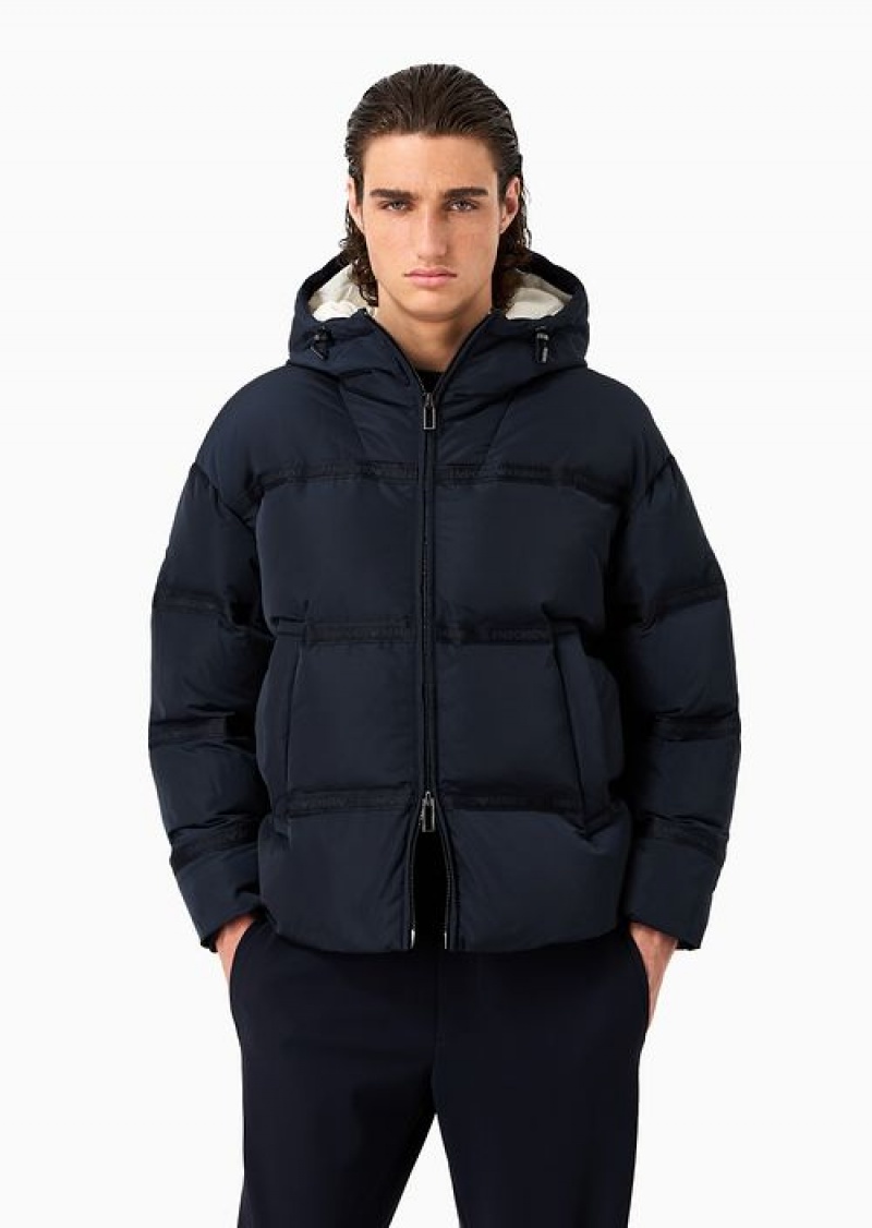 Navy Blue Emporio Armani Water-repellent Hooded Down Jacket In Nylon Ottoman With Jacquard Logo Tape | EA-SN58213