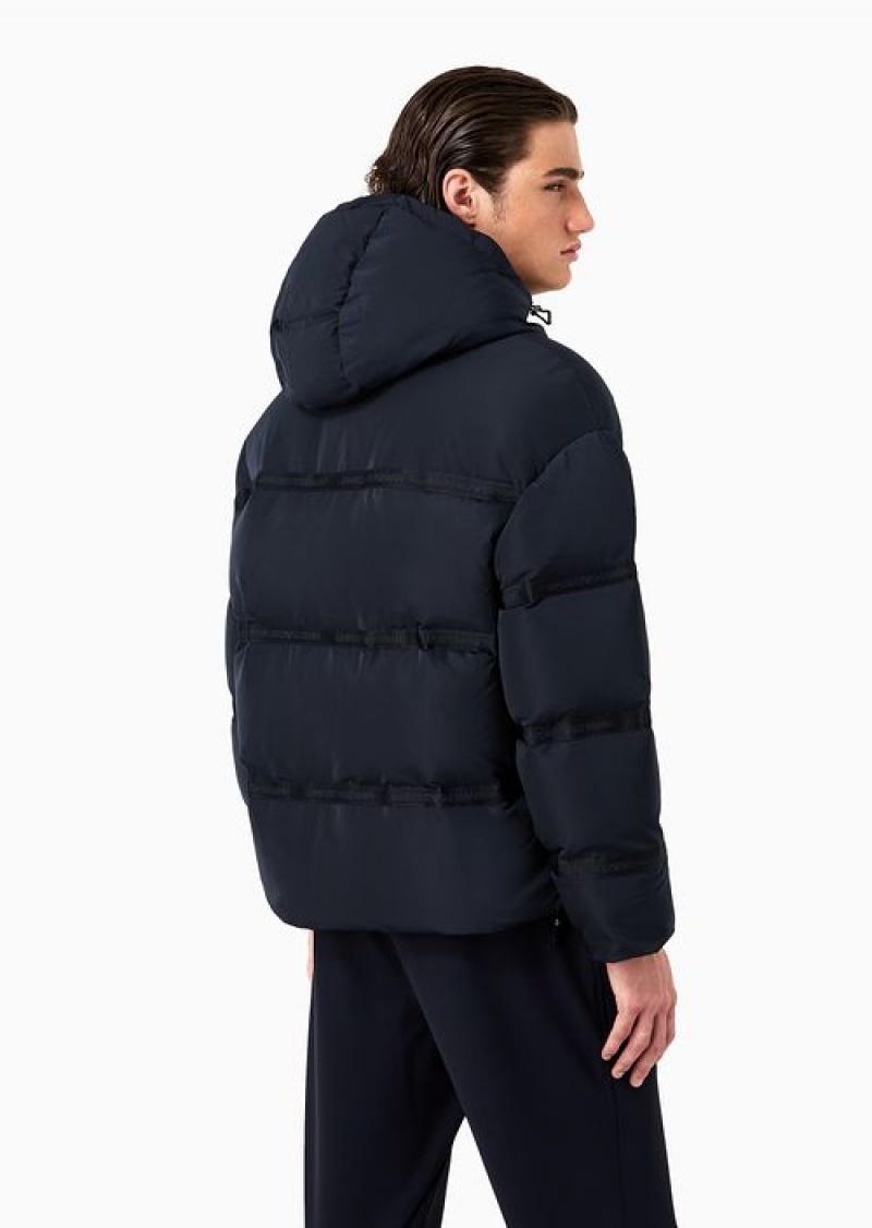 Navy Blue Emporio Armani Water-repellent Hooded Down Jacket In Nylon Ottoman With Jacquard Logo Tape | EA-SN58213