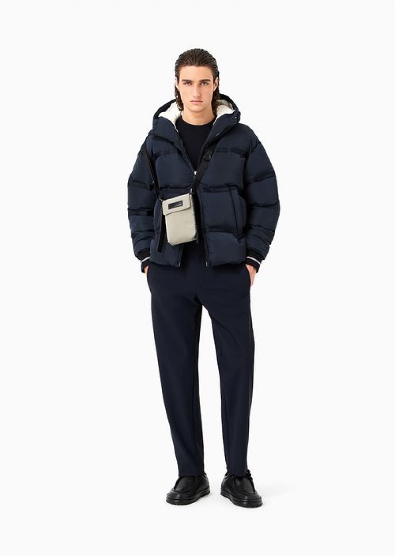 Navy Blue Emporio Armani Water-repellent Hooded Down Jacket In Nylon Ottoman With Jacquard Logo Tape | EA-SN58213