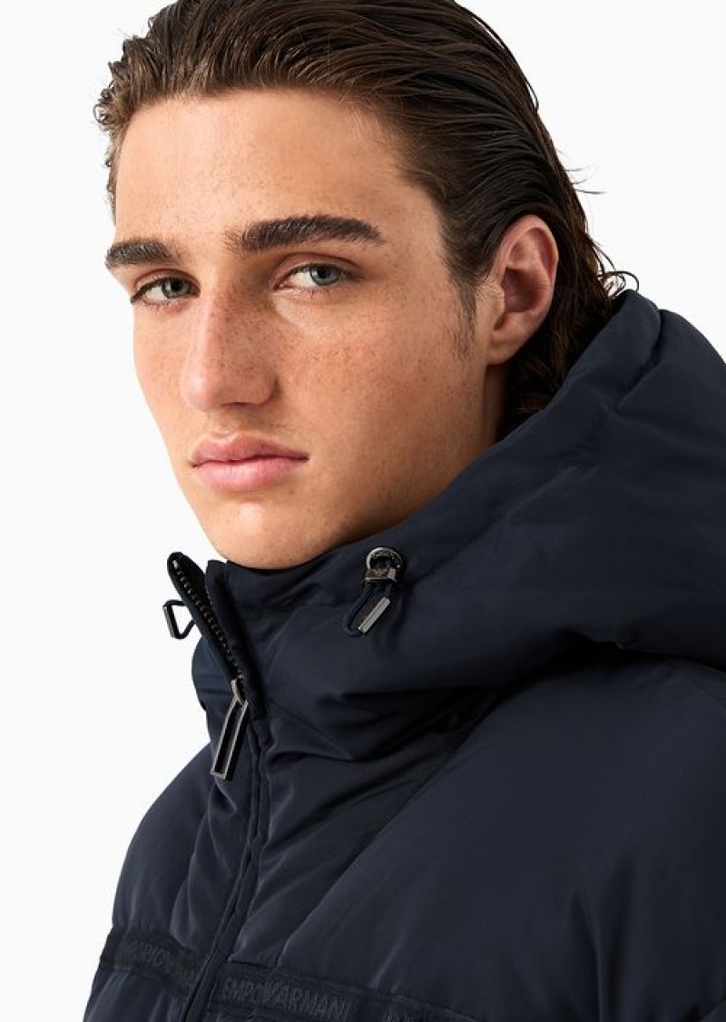 Navy Blue Emporio Armani Water-repellent Hooded Down Jacket In Nylon Ottoman With Jacquard Logo Tape | EA-SN58213