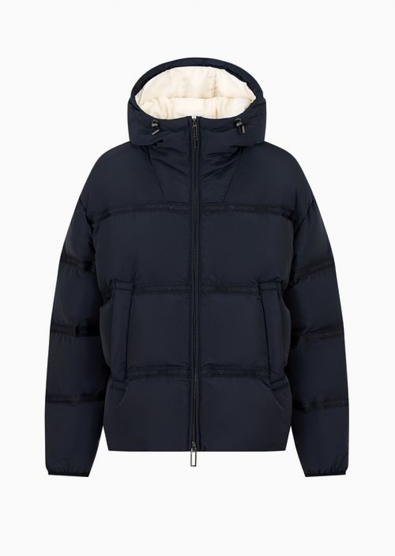 Navy Blue Emporio Armani Water-repellent Hooded Down Jacket In Nylon Ottoman With Jacquard Logo Tape | EA-SN58213