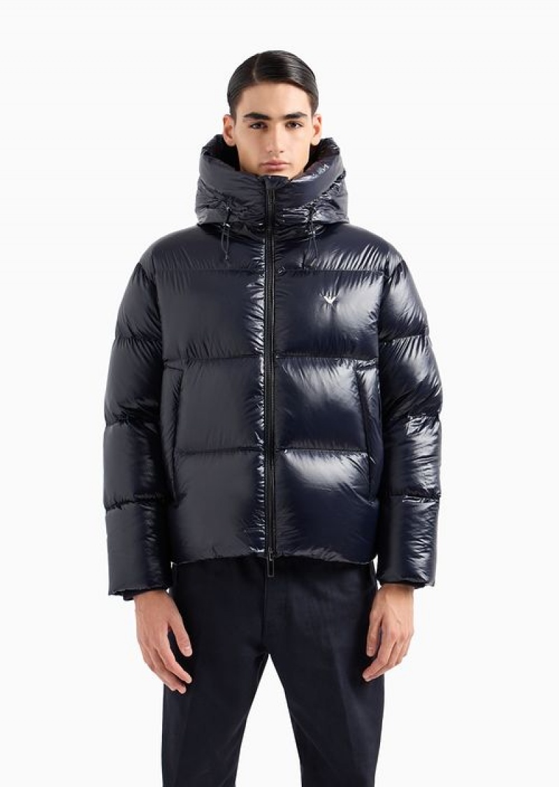 Navy Blue Emporio Armani Water-repellent Hooded Down Jacket In Quilted Nylon | EA-SN58231