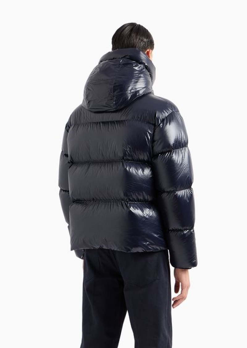 Navy Blue Emporio Armani Water-repellent Hooded Down Jacket In Quilted Nylon | EA-SN58231