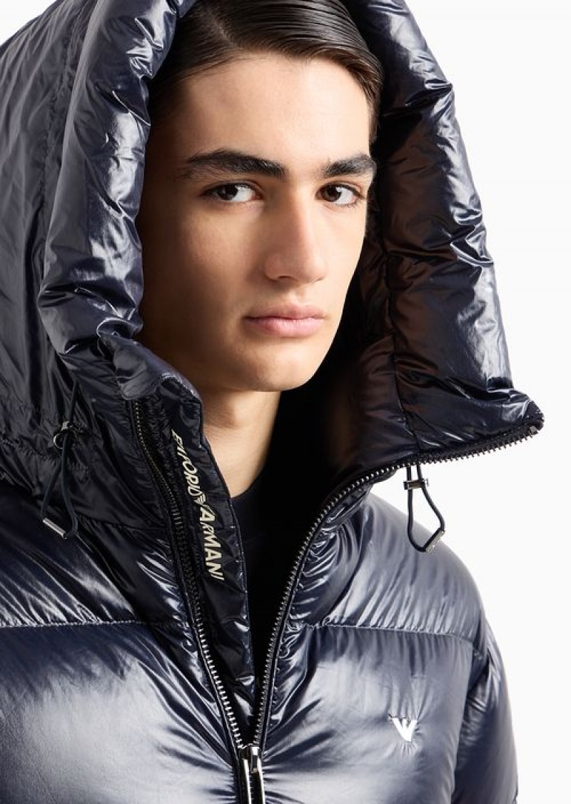 Navy Blue Emporio Armani Water-repellent Hooded Down Jacket In Quilted Nylon | EA-SN58231