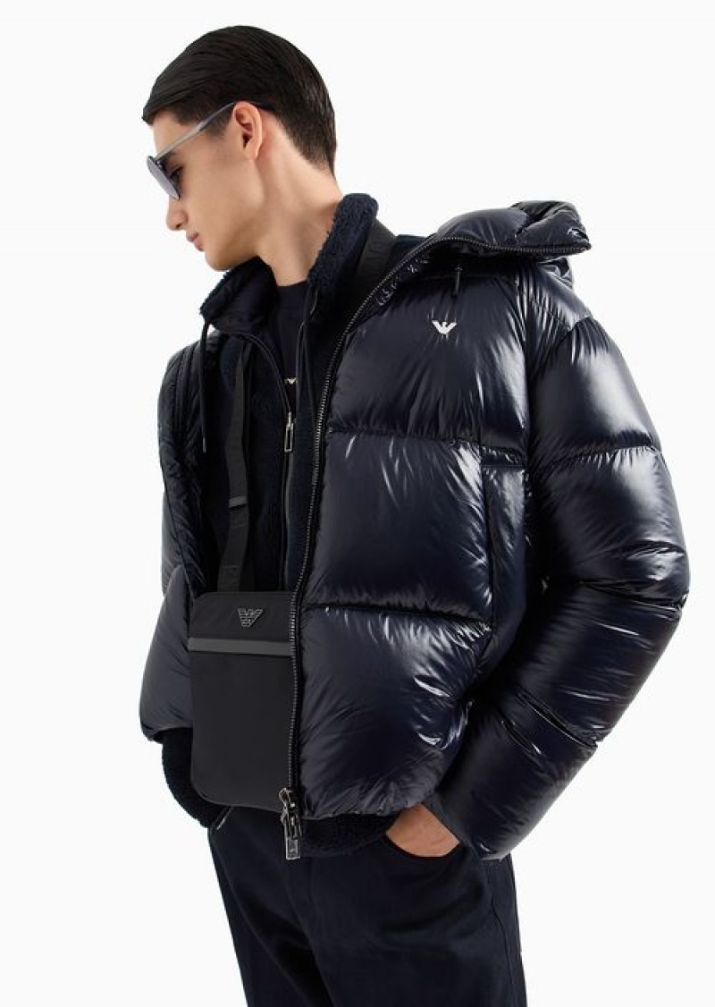 Navy Blue Emporio Armani Water-repellent Hooded Down Jacket In Quilted Nylon | EA-SN58231