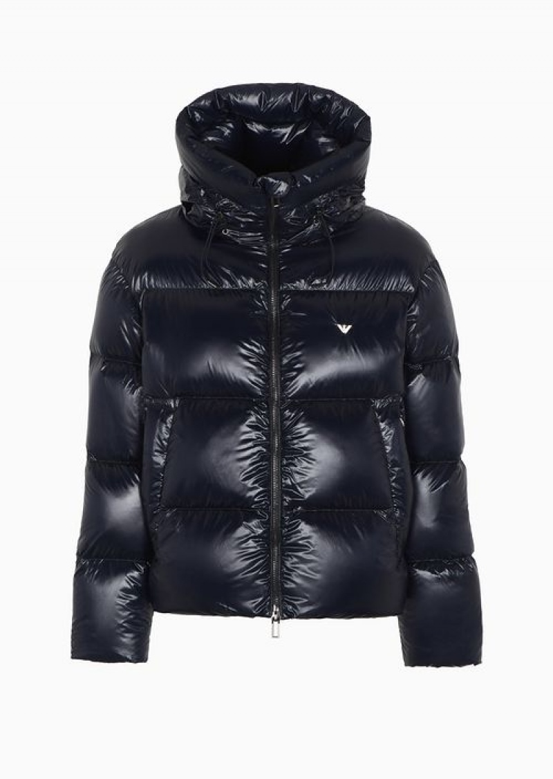 Navy Blue Emporio Armani Water-repellent Hooded Down Jacket In Quilted Nylon | EA-SN58231