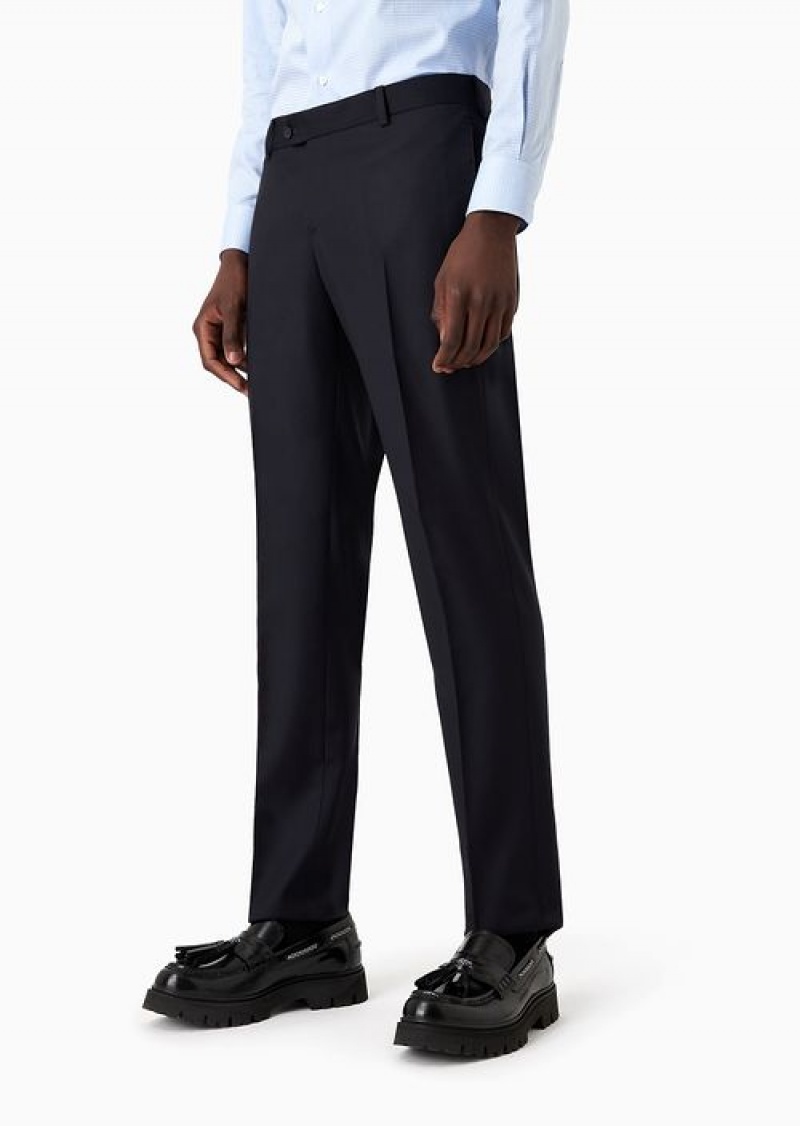 Navy Blue Emporio Armani Worsted Virgin-wool, Creased Trousers | EA-SN58376