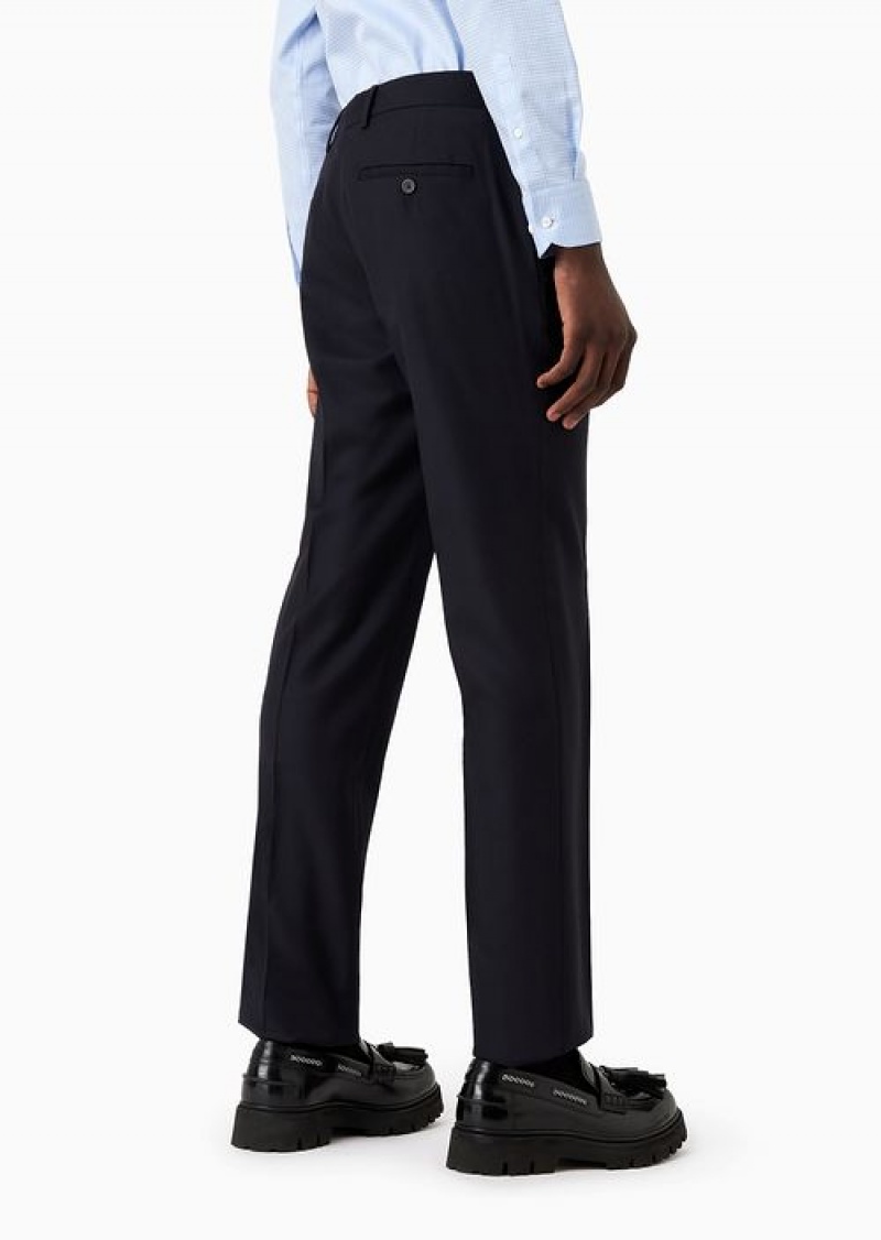 Navy Blue Emporio Armani Worsted Virgin-wool, Creased Trousers | EA-SN58376