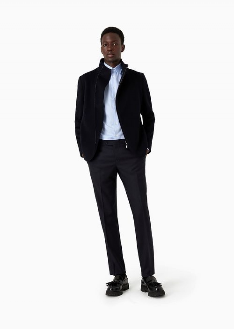 Navy Blue Emporio Armani Worsted Virgin-wool, Creased Trousers | EA-SN58376