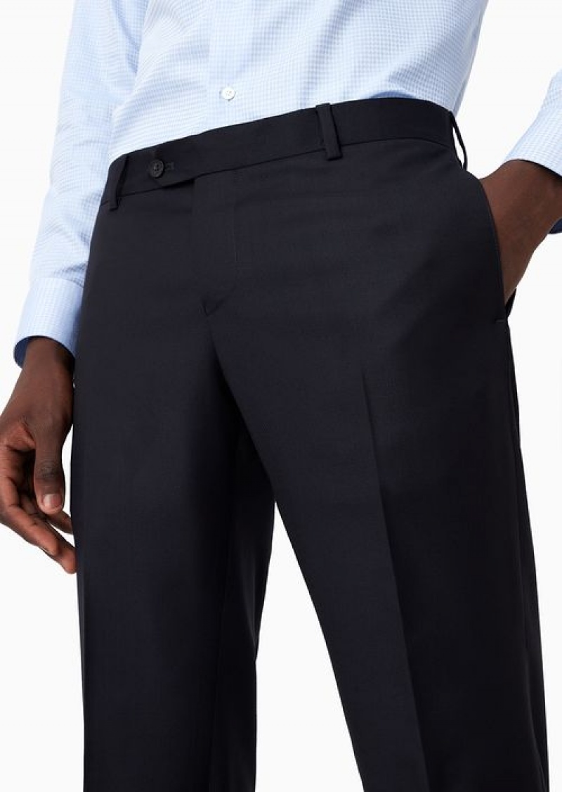 Navy Blue Emporio Armani Worsted Virgin-wool, Creased Trousers | EA-SN58376