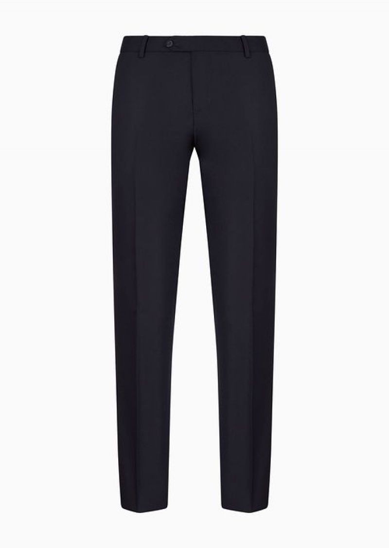 Navy Blue Emporio Armani Worsted Virgin-wool, Creased Trousers | EA-SN58376