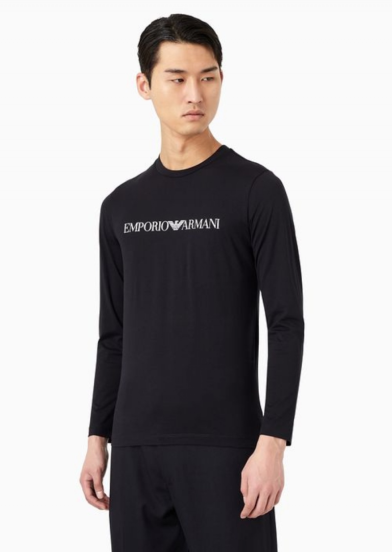 Navy Blue Logo Emporio Armani Pima-jersey Jumper With Printed Logo | EA-SN58686