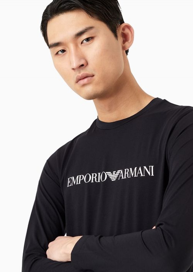 Navy Blue Logo Emporio Armani Pima-jersey Jumper With Printed Logo | EA-SN58686