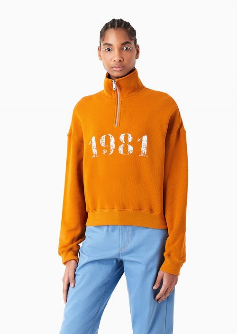 Orange Emporio Armani 1981 Asv Capsule Soft-touch Organic-jersey Sweatshirt With Partial Zip | EA-SN56984