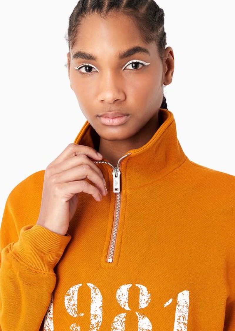 Orange Emporio Armani 1981 Asv Capsule Soft-touch Organic-jersey Sweatshirt With Partial Zip | EA-SN56984