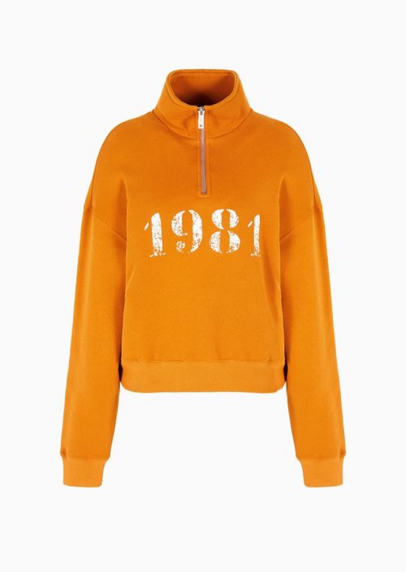 Orange Emporio Armani 1981 Asv Capsule Soft-touch Organic-jersey Sweatshirt With Partial Zip | EA-SN56984