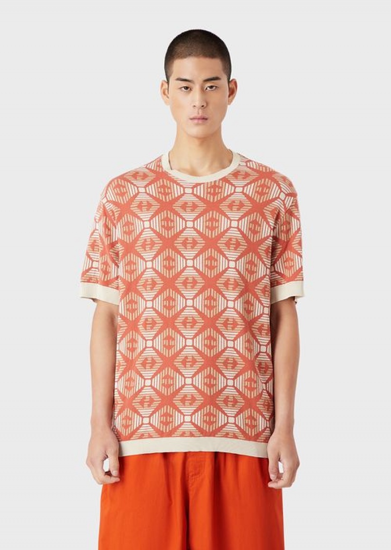 Orange Emporio Armani Sustainable Collection Organic Jacquard Jersey Jumper With Collection Pattern | EA-SN58664